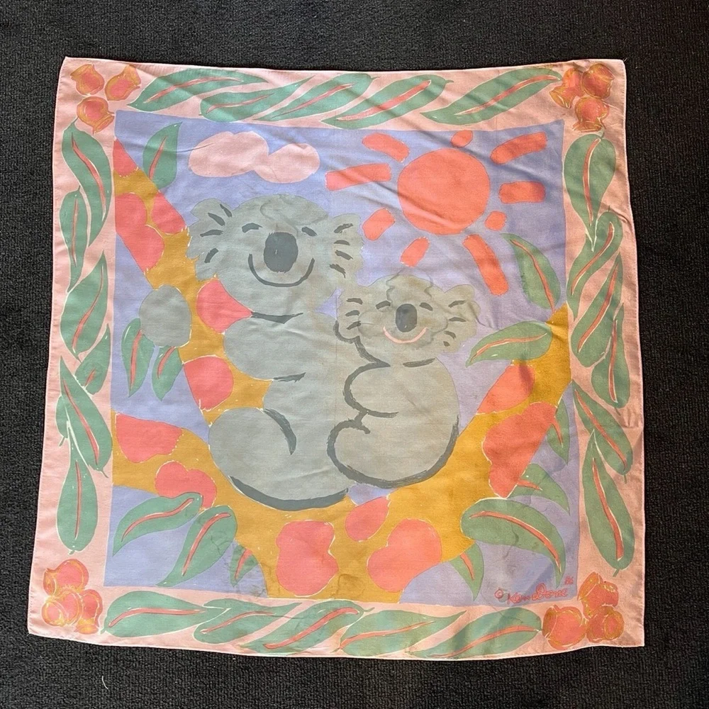 KEN DONE 1986 Vintage Silk Scarf 29” Pink Koalas Sun Australia 100% Silk